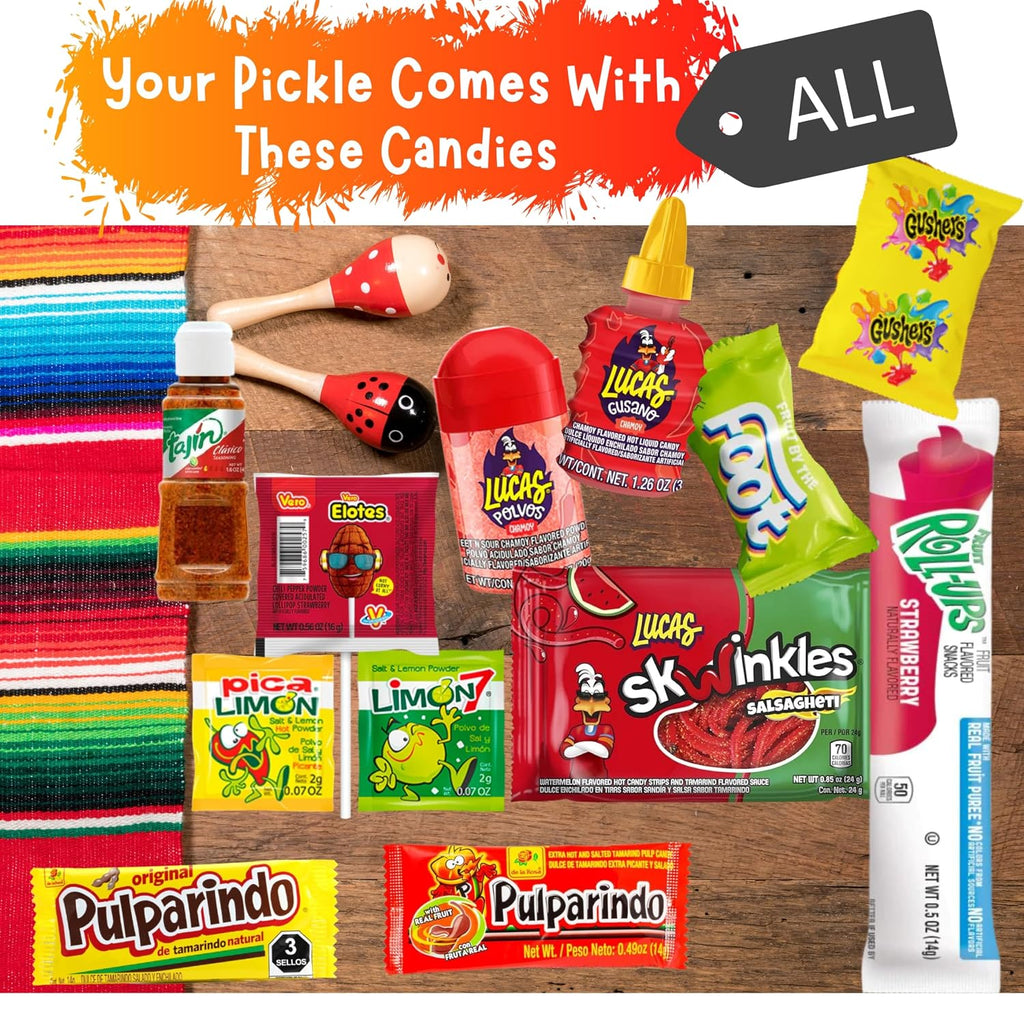 The Full Tiktok Chamoy Pickle Kit With Candy; Includes Fruit-Rollup, Lucas Gusano & Salsagheti & More Mexican Candy by Ma Lit Candy (1 Big Tex Chamoy Pickle Kit)