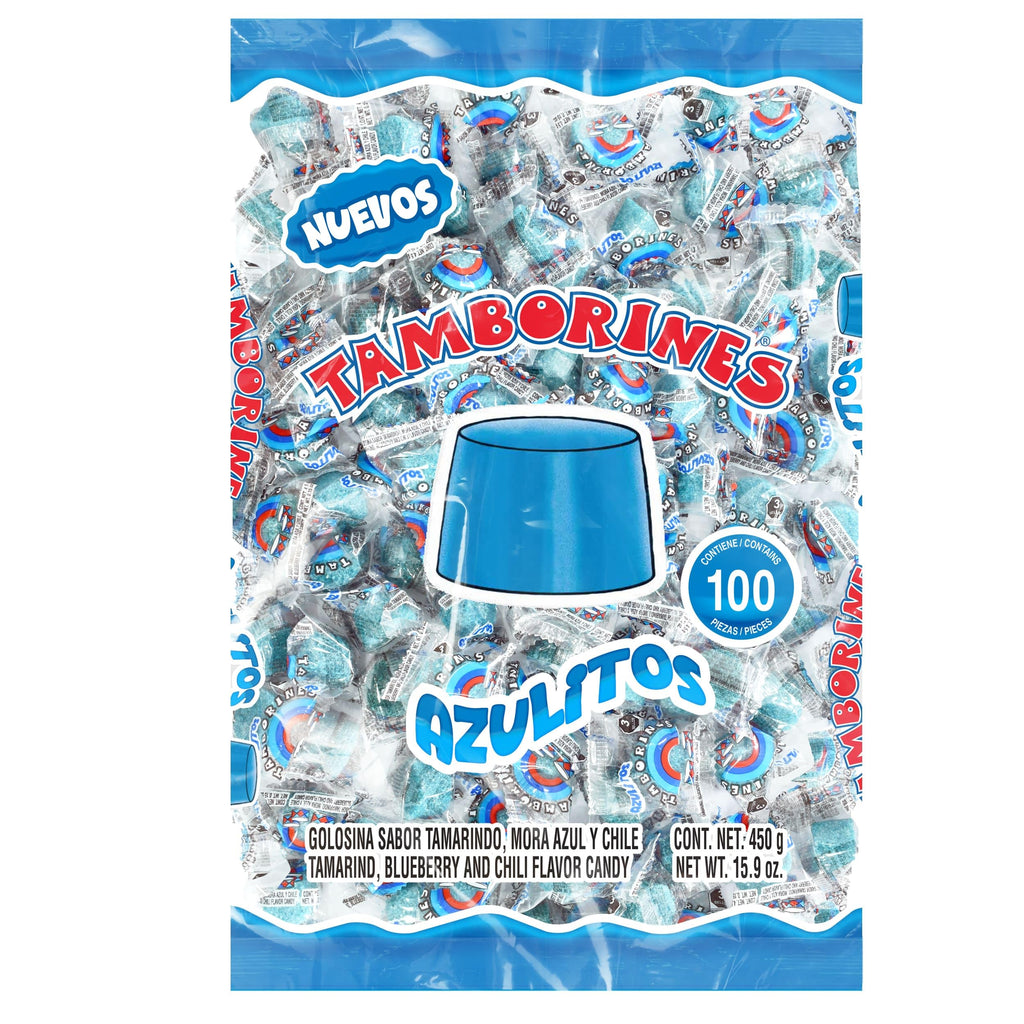 Tamborines Azulitos – Sweet & Spicy Tamarind Candy with Blue Berry Flavor, Individually Wrapped, 100 Pieces – Mexican Bulk Candy