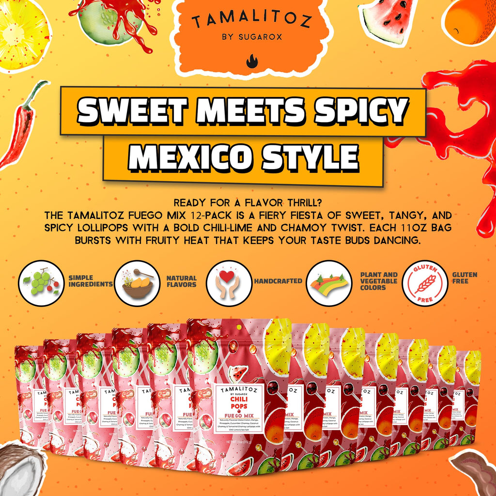 Tamalitoz Chili Pops Chamoy Spicy Mexican Lollipops with Chili, Lime, Sea Salt, Coconut, Tamarind & Cucumber Flavors Fruity Handcrafted Candy, Gluten-Free, Kosher, 2 Bags, (11oz)