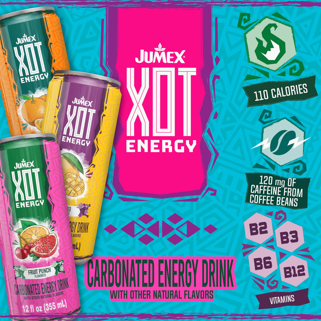 Jumex XOT Energy Drink - Fruit Punch - Natural Caffeine from Mexican Coffee Beans - Carbonated Preworkout with Vitamin B2, B3, B5, B12 - Mexican Drinks - Bebidas Energéticas - 12 Fl oz, 12 Pack Cans