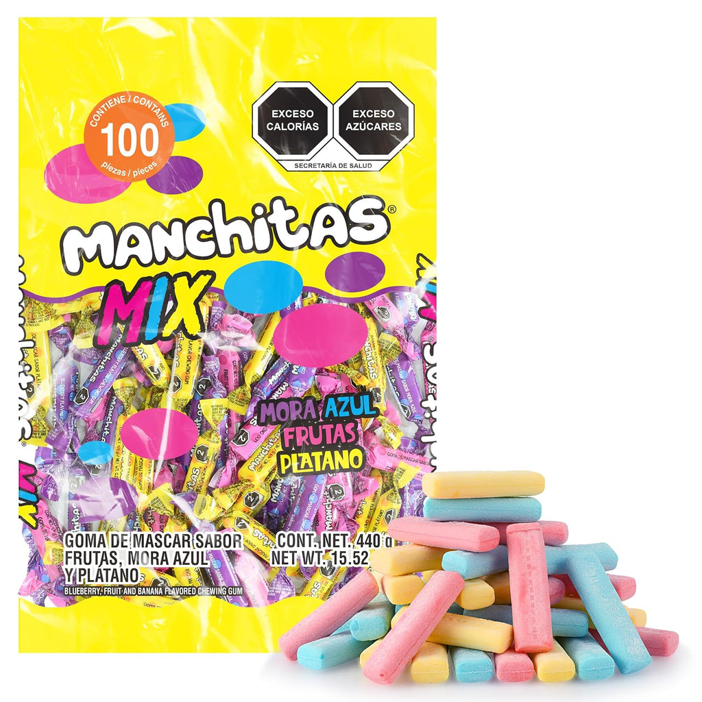 Manchitas Mix Chewing Gum Candy, Mexican Fruit Flavors (Blueberry, Fruit Punch & Banana), Individually Wrapped Bulk Pack, 100 Count (15.5 oz)