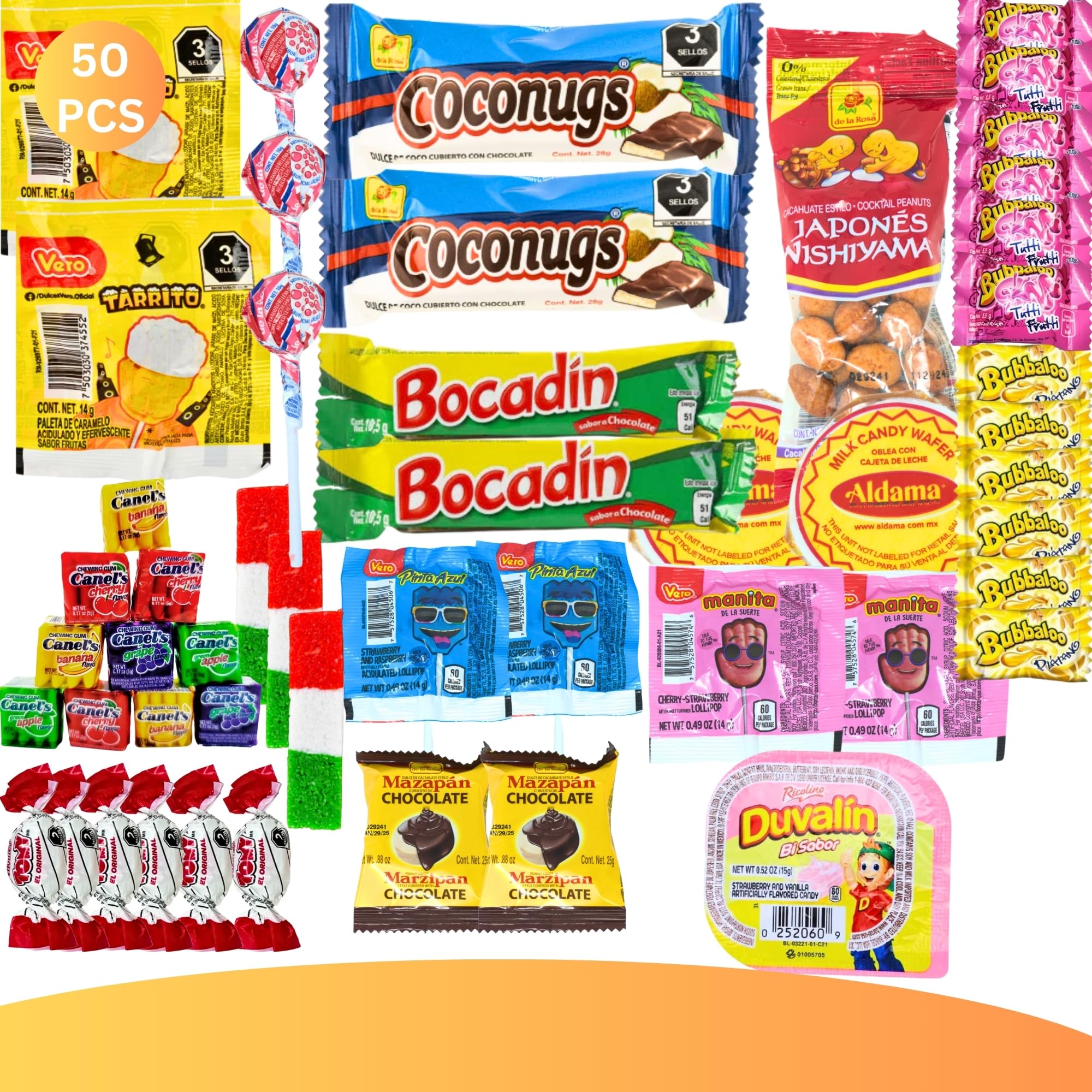 Mexican Candy Variety Pack (50 Count) Dulces Mexicanos, Tamarind Candy, with Lucas, Skwinkles, Pulparindo, Mazapan, Duvalin, Pelon Pelo Rico, Vero Lollipops, Mexican Snacks, Fiesta Birthdays