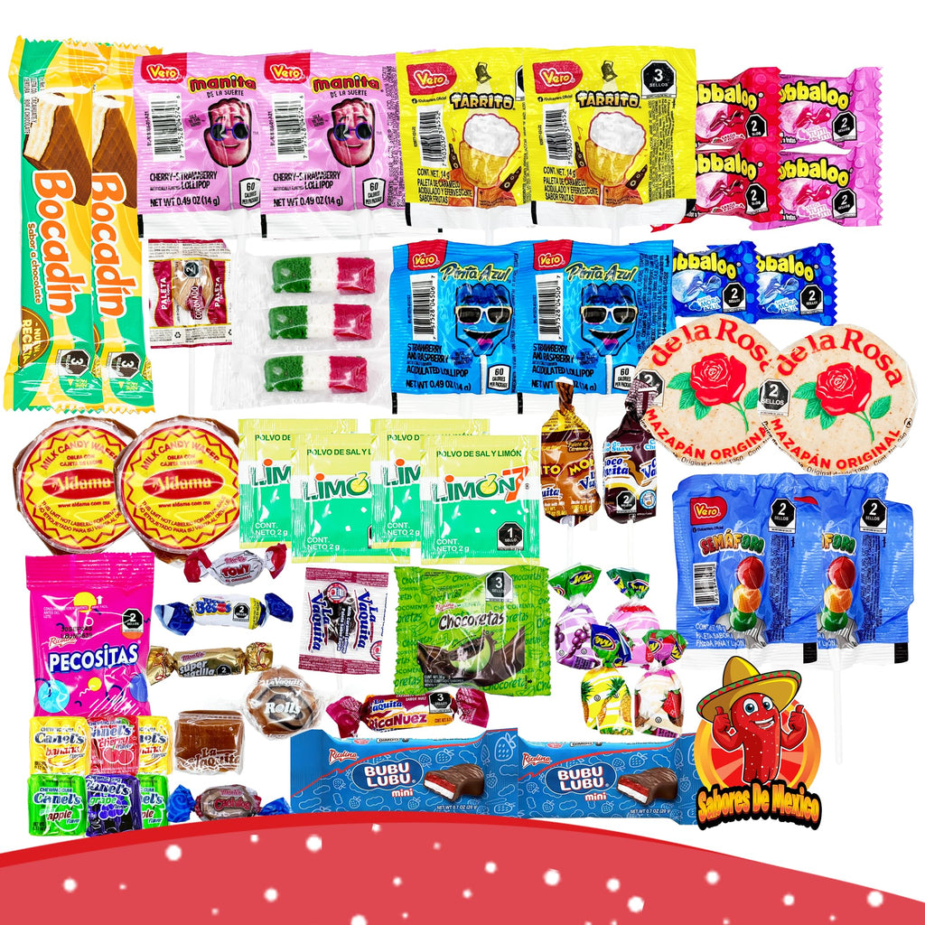 Mexican Candy Variety Pack (50 Count) Dulces Mexicanos, Mexican Snacks, with Vero Lollipops, Lucas Candy, Pulparindo Tamarindo, Mazapan, Spicy Dulce Mexico Assorted Mix, by Sabores de Mexico