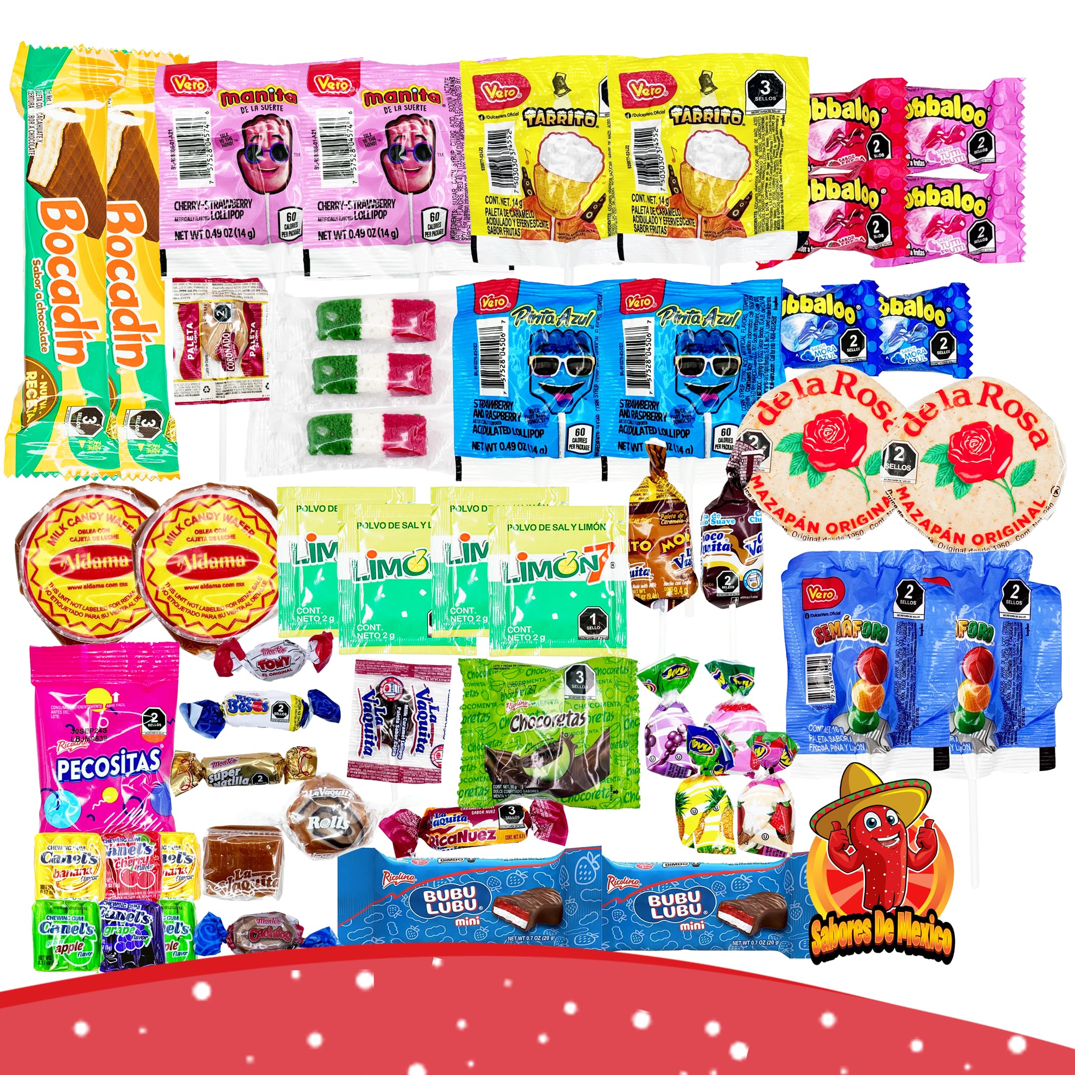 Mexican Candy Variety Pack (50 Count) Dulces Mexicanos, Mexican Snacks, with Vero Lollipops, Lucas Candy, Pulparindo Tamarindo, Mazapan, Spicy Dulce Mexico Assorted Mix, by Sabores de Mexico