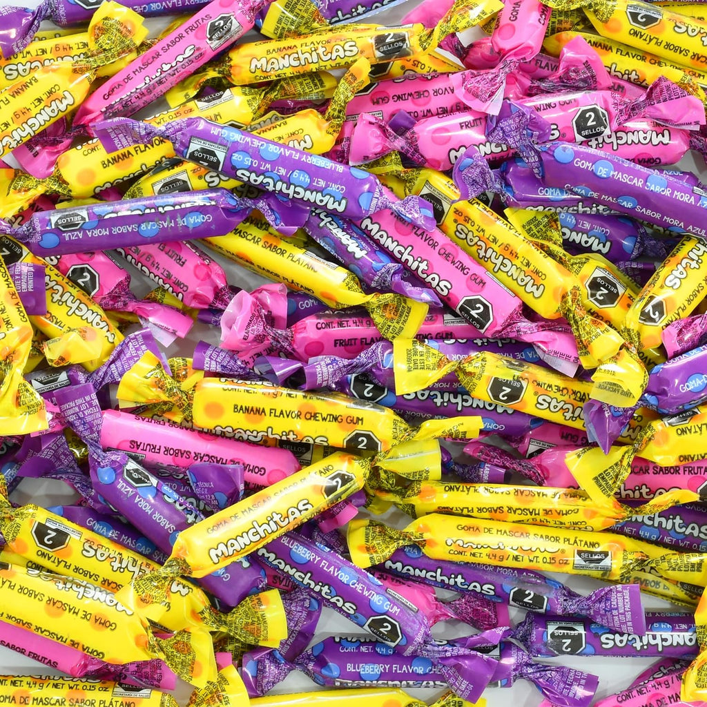 Manchitas Mix Chewing Gum Candy, Mexican Fruit Flavors (Blueberry, Fruit Punch & Banana), Individually Wrapped Bulk Pack, 100 Count (15.5 oz)