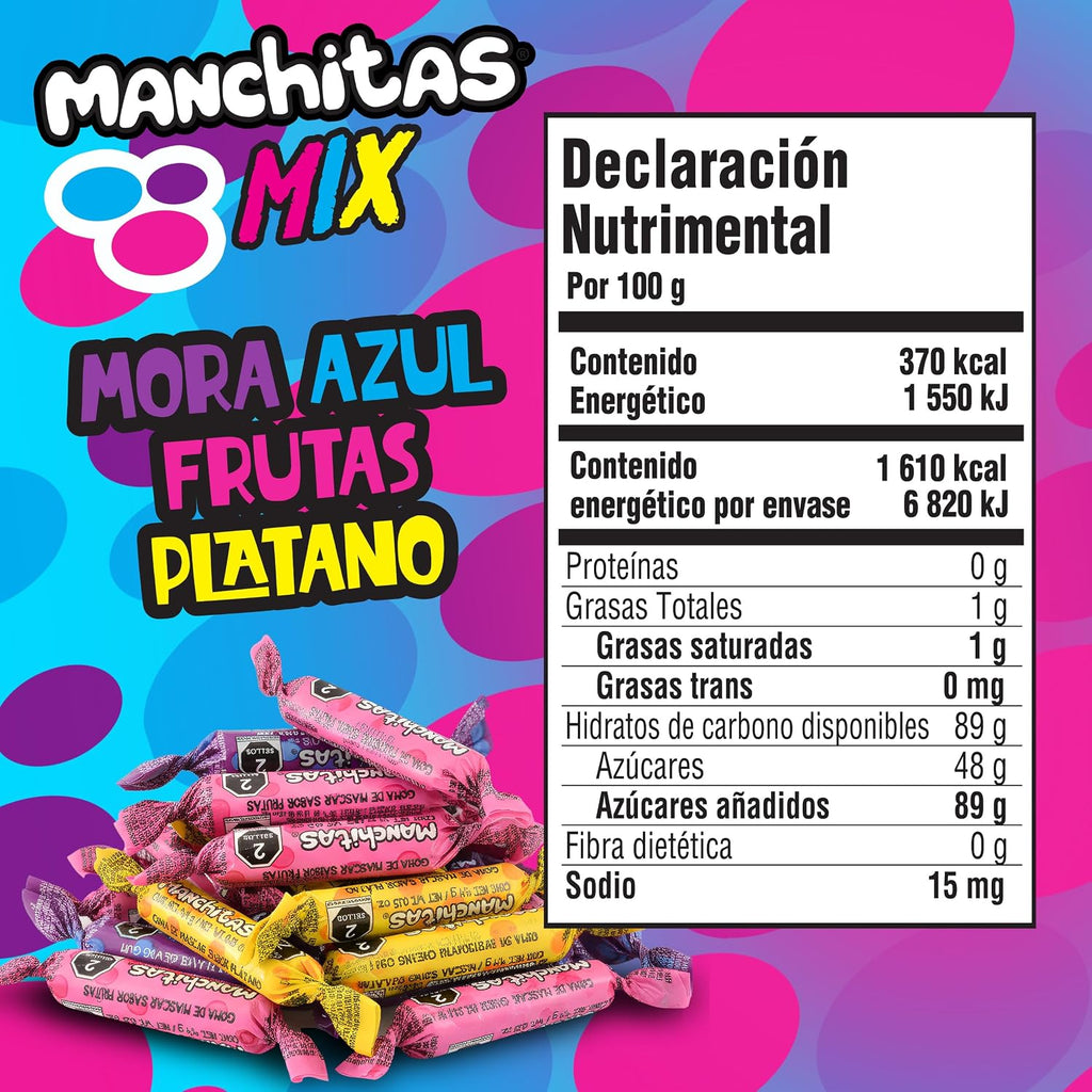 Manchitas Mix Chewing Gum Candy, Mexican Fruit Flavors (Blueberry, Fruit Punch & Banana), Individually Wrapped Bulk Pack, 100 Count (15.5 oz)