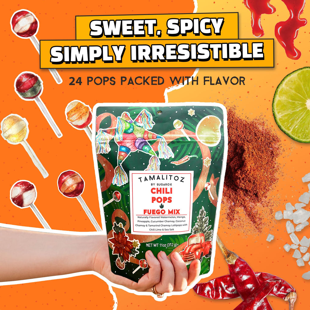 Tamalitoz Chili Pops Chamoy Spicy Mexican Lollipops with Chili, Lime, Sea Salt, Coconut, Tamarind & Cucumber Flavors Fruity Handcrafted Candy, Gluten-Free, Kosher, 2 Bags, (11oz)
