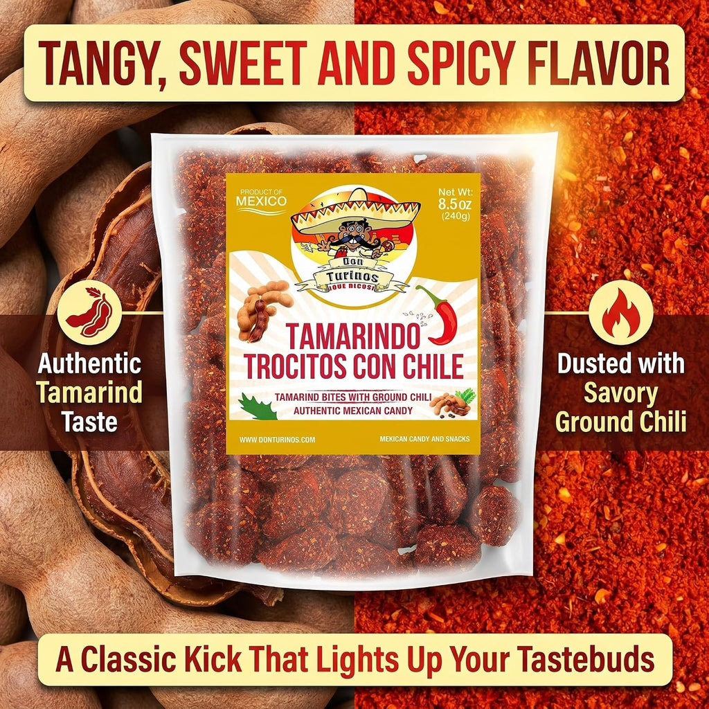 Tamarindo De Frutas Con Chile, Authentic Mexican Tamarind Candy with Chili, Sweet, Tangy and Spicy. Dulce De Tamarindo 8.5 oz. Contains Seed. Bag by Don Turinos