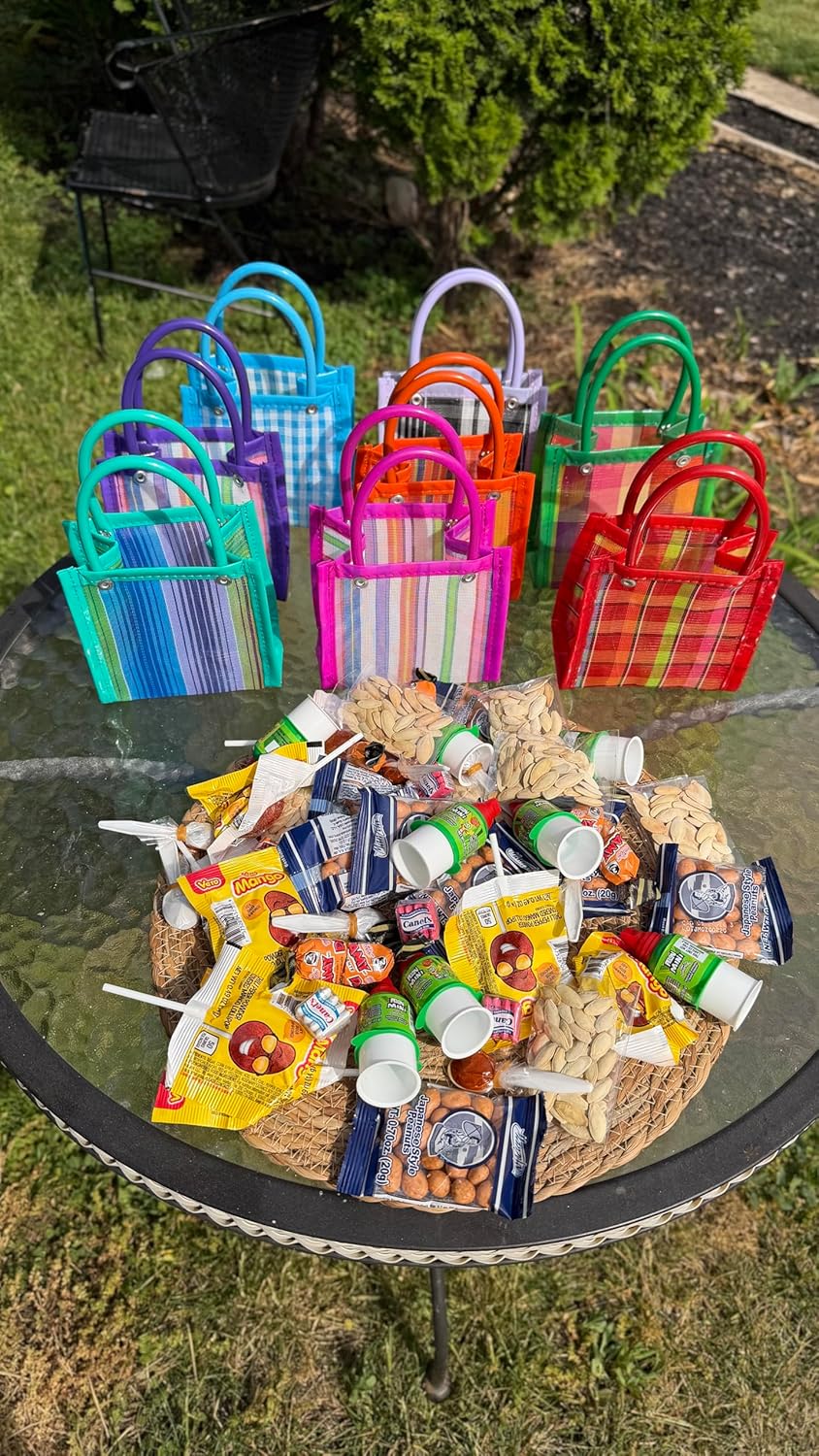Mini Mercado Bags & Mexican Candy Kit – 8 Mercado Bags & 48 Pieces of Dulces Mexicanos, Dulceros 4" inch Fiesta Party Favors, Bolos, Candy Variety Pack Favor Kit for Birthdays, Bautizos, Candy Mix