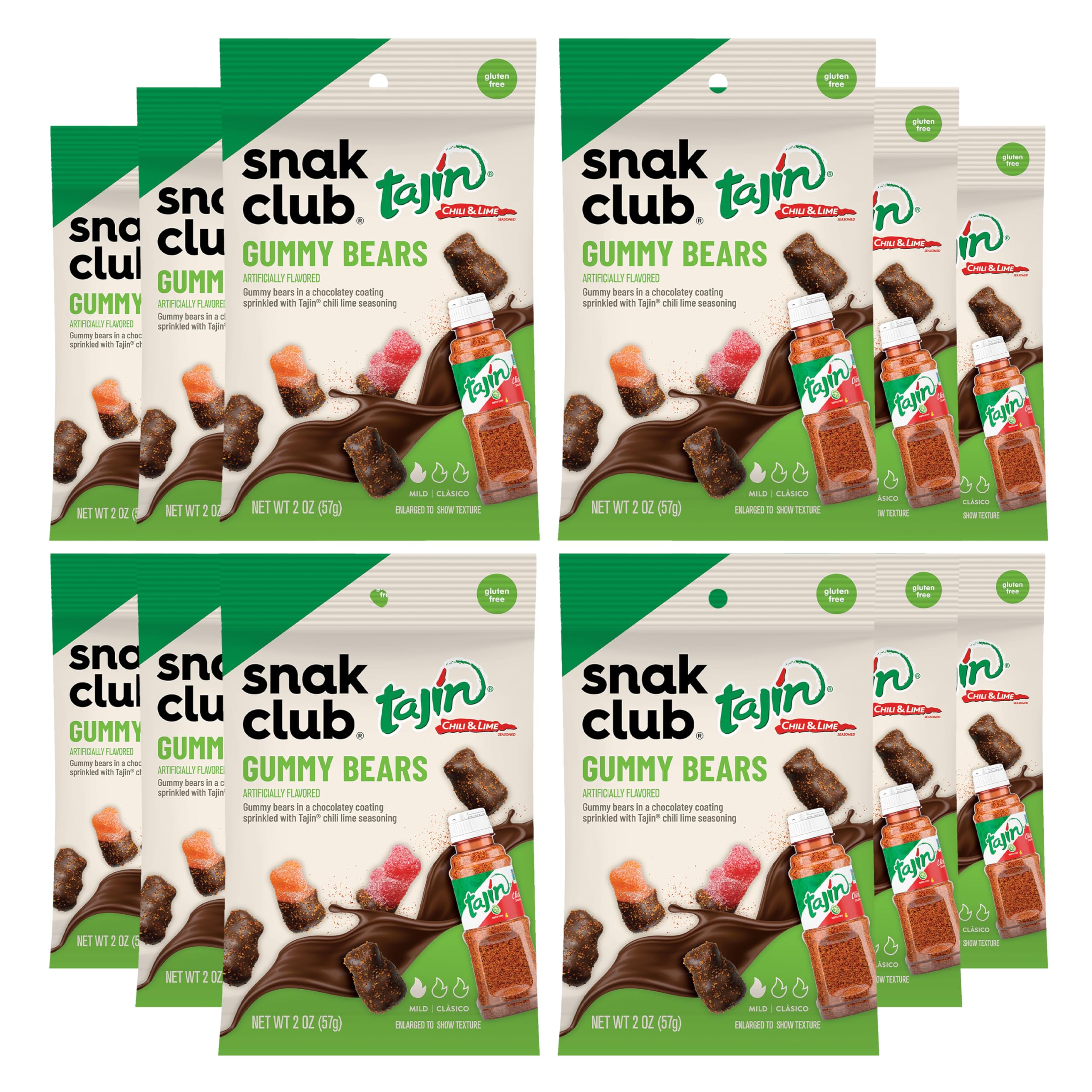 Snak Club Tajin Gummy Candy Fruit Rings, Gummies with Chili and Lime Seasoning, Mild Spice, Gluten-Free and Vegan Snacks, Assorted Variety, Mango, Pineapple, Peach, Watermelon, Snack Size 12 Pack