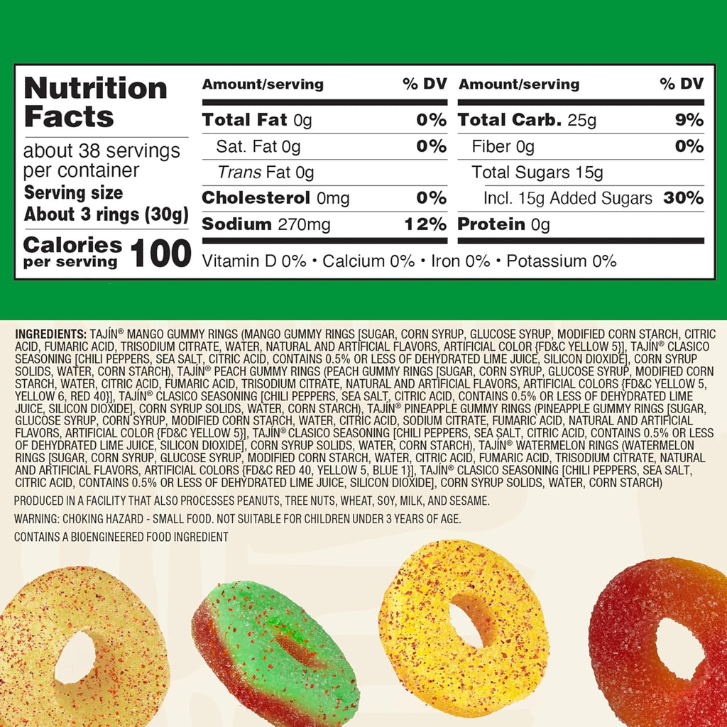 Snak Club Tajin Gummy Candy Fruit Rings, Gummies with Chili and Lime Seasoning, Mild Spice, Gluten-Free and Vegan Snacks, Assorted Bulk Candy Variety, Mango, Pineapple, Peach, Watermelon, 40 oz Bag