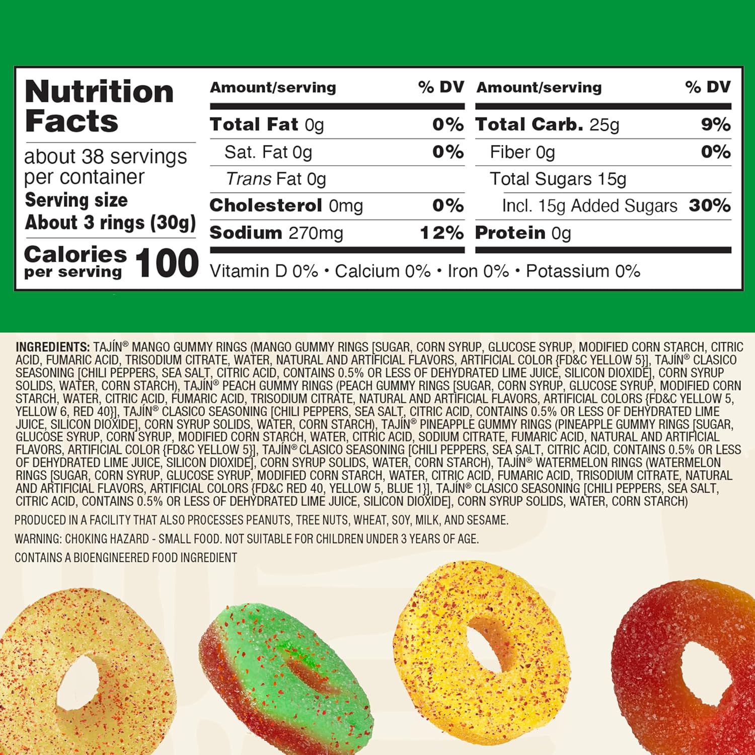 Snak Club Tajin Gummy Candy Fruit Rings, Gummies with Chili and Lime Seasoning, Mild Spice, Gluten-Free and Vegan Snacks, Assorted Bulk Candy Variety, Mango, Pineapple, Peach, Watermelon, 40 oz Bag
