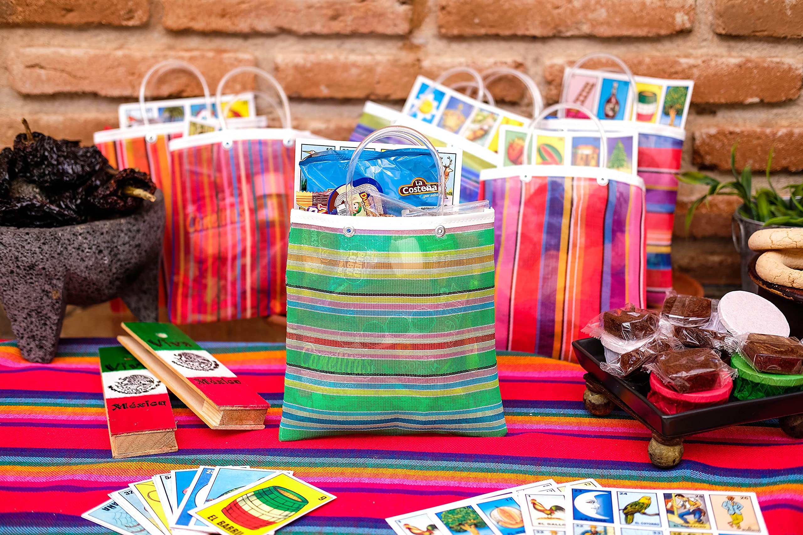 La Sol Imports Bolsitas Mexicanas Para Dulces Mini Mercado Bags Tote Para Dulces De Cumpleaños Goodie Bags Morralitos Dulceros Colorful Mesh Party Favor Perfect Size (7.5in x 7.5in) (12x)