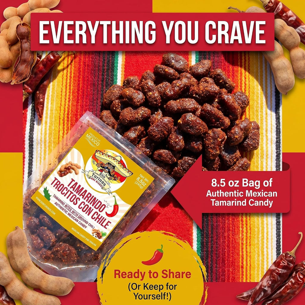 Tamarindo De Frutas Con Chile, Authentic Mexican Tamarind Candy with Chili, Sweet, Tangy and Spicy. Dulce De Tamarindo 8.5 oz. Contains Seed. Bag by Don Turinos