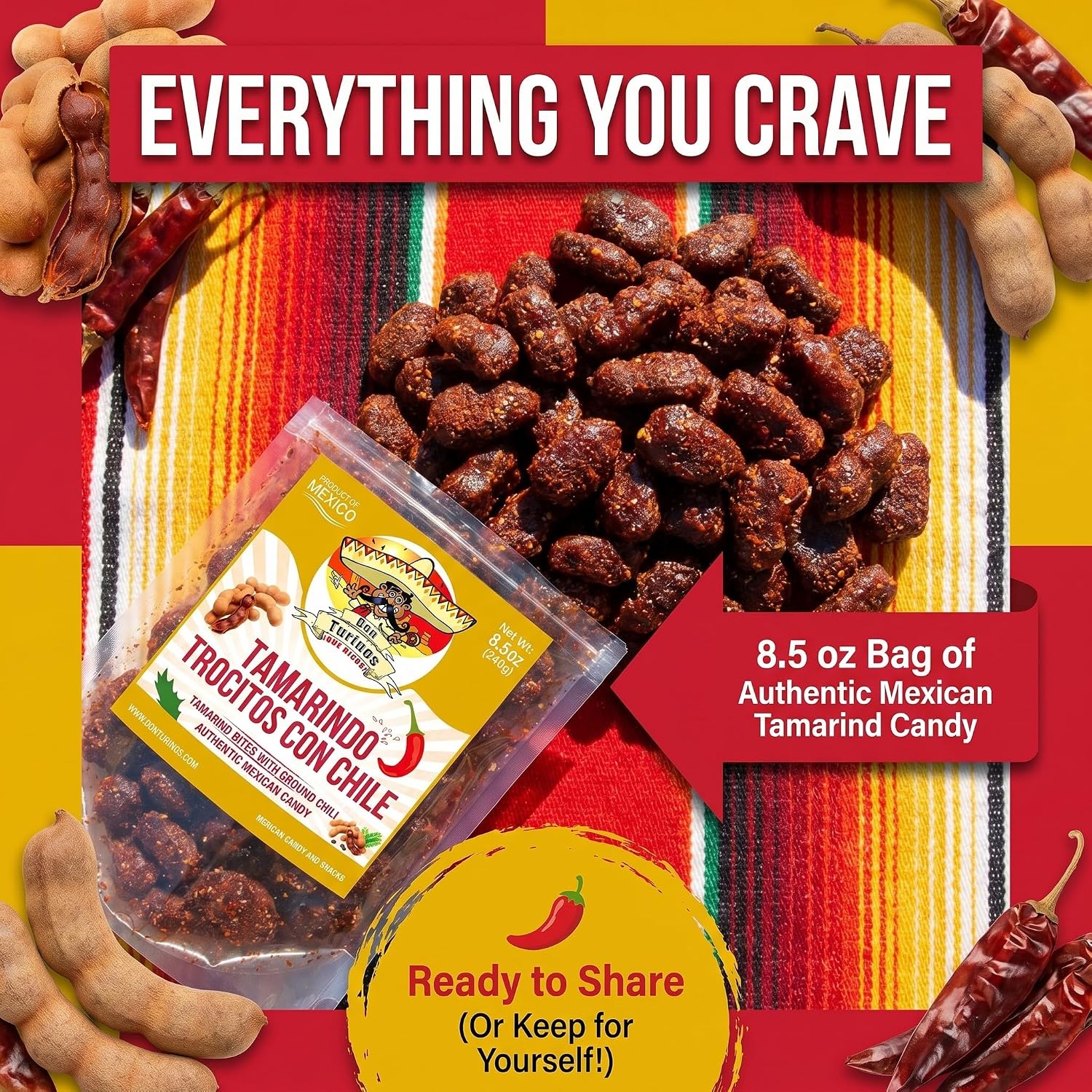 Tamarindo De Frutas Con Chile, Authentic Mexican Tamarind Candy with Chili, Sweet, Tangy and Spicy. Dulce De Tamarindo 8.5 oz. Contains Seed. Bag by Don Turinos