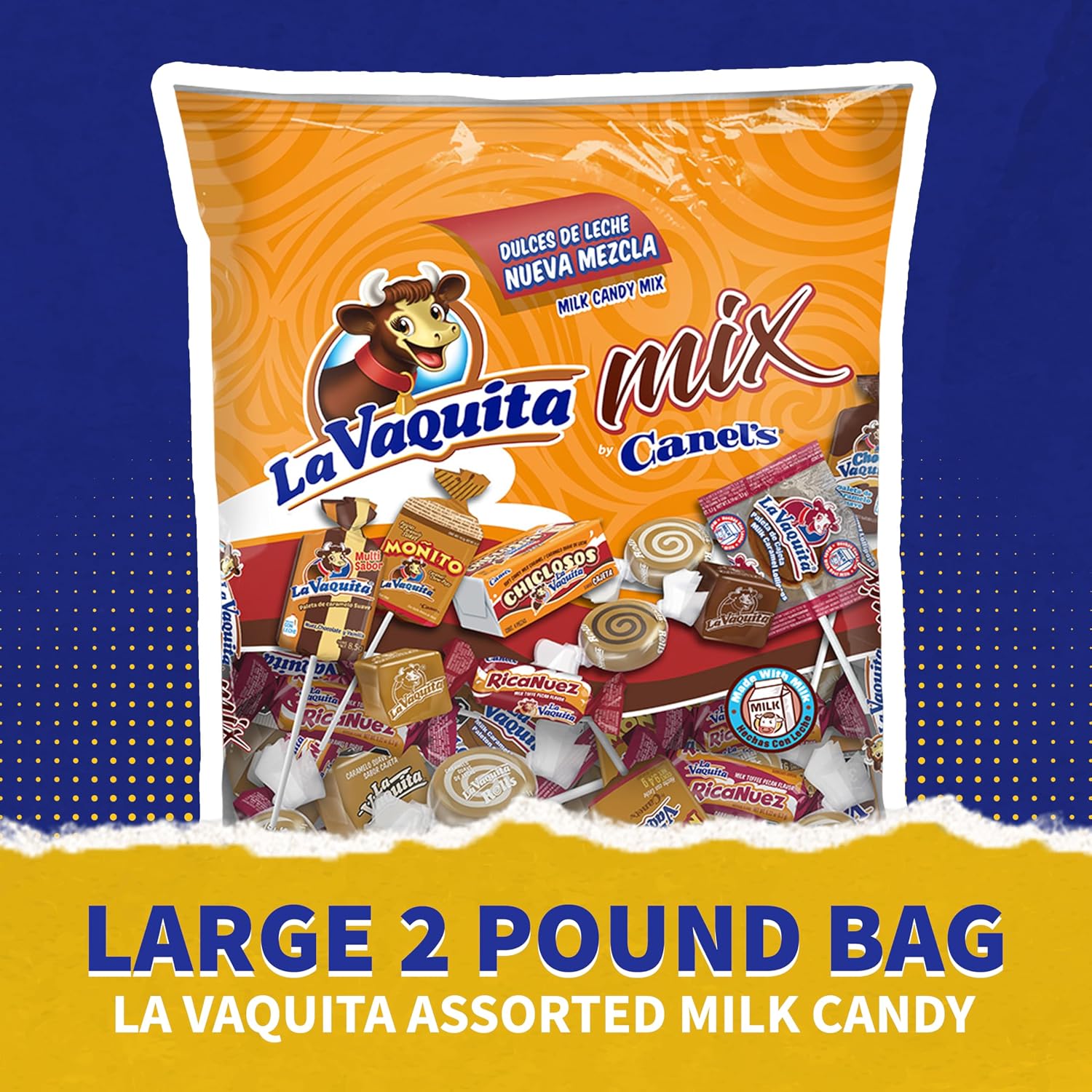 Canel's La Vaquita Assorted Milk Candy Mix, with Caramels, Coconut, Chocolate, and Pecan, Soft and Hard Candy and Lollipops, for Parties and Sharing, 2 Pound Bag (Pack of 1)
