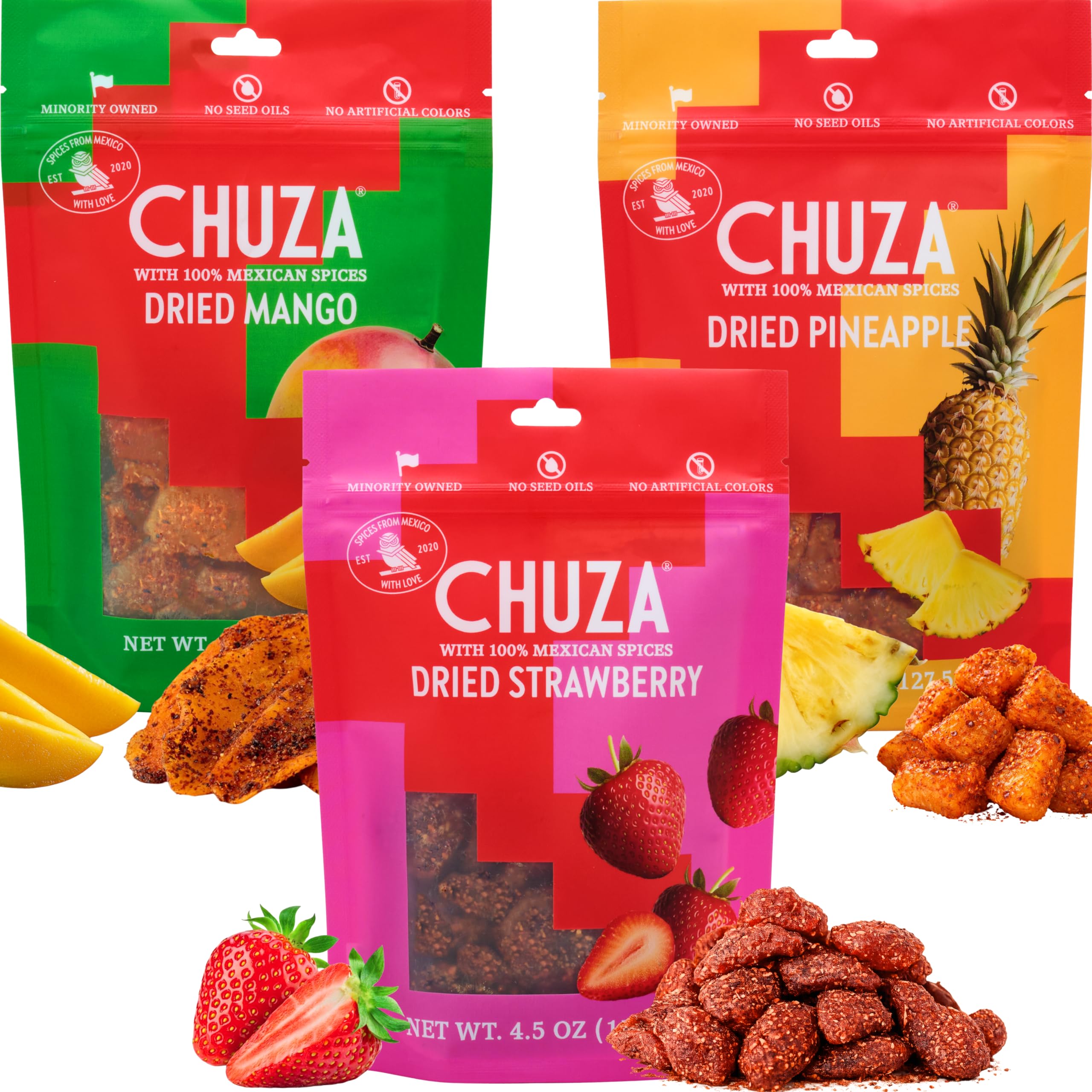CHUZA Spicy Dried Mango Snacks Bites (4.5 oz. Pack of 2) – Mexican Candy Style Sweet Chili Dried Mango, with Chili Seasoning, Chili Powder, Dried Fruit Snacks, Spicy Snacks