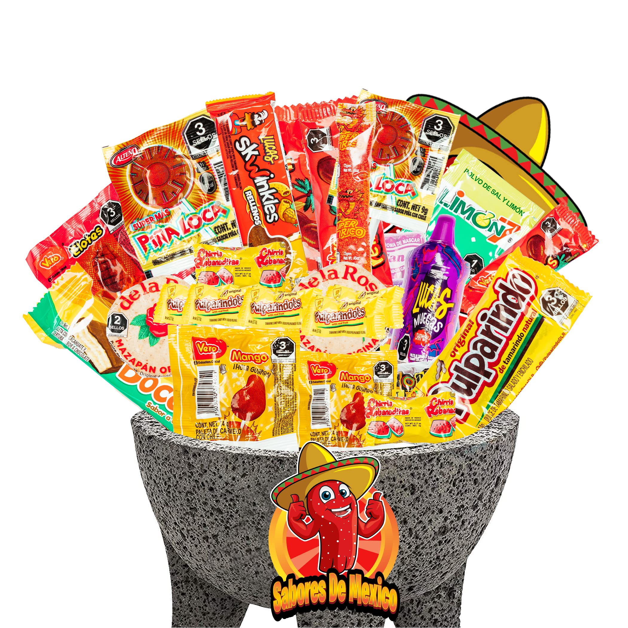 Mexican Candy Variety Pack (50 Count) Dulces Mexicanos, Mexican Snacks, with Vero Lollipops, Lucas Candy, Pulparindo Tamarindo, Mazapan, Spicy Dulce Mexico Assorted Mix, by Sabores de Mexico
