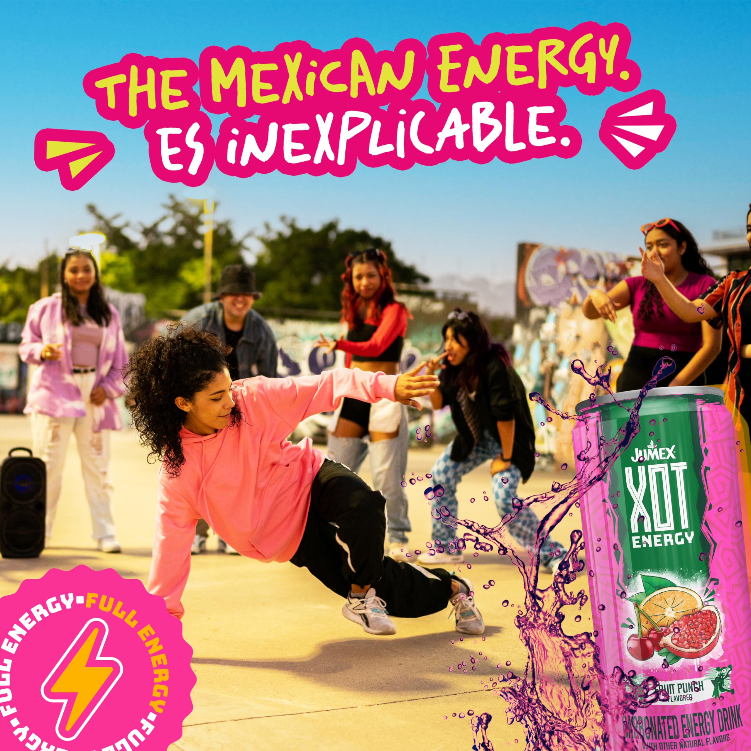 Jumex XOT Energy Drink - Fruit Punch - Natural Caffeine from Mexican Coffee Beans - Carbonated Preworkout with Vitamin B2, B3, B5, B12 - Mexican Drinks - Bebidas Energéticas - 12 Fl oz, 12 Pack Cans