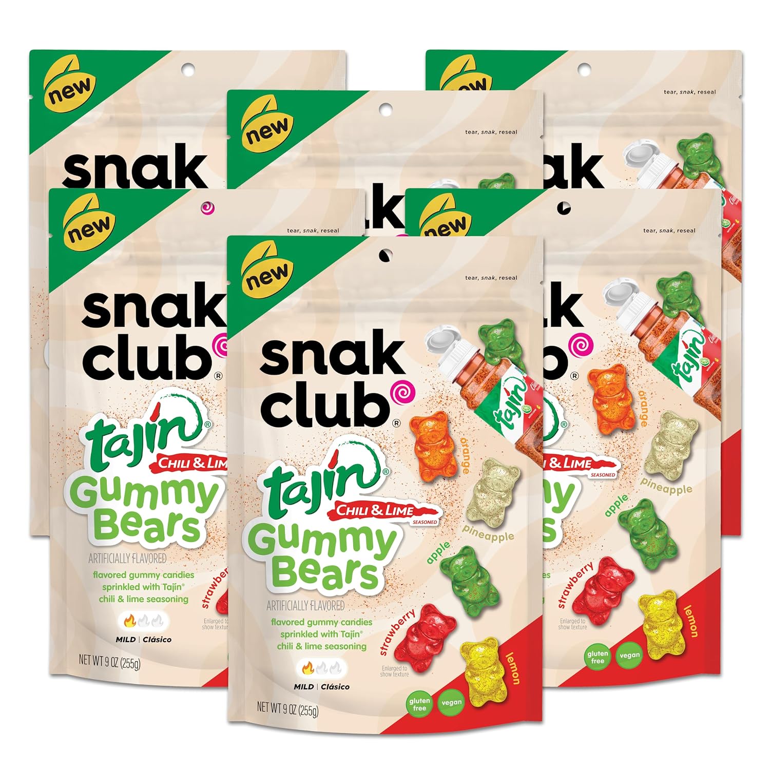 Snak Club Gummy Bears, Tajin Chili & Lime Sweet and Spicy Gummy Candy, Mild in Heat Bold in Flavor, Low-Fat, Vegan, Gluten-Free Snack, 9 oz Large Resealable Bag, 6 Count