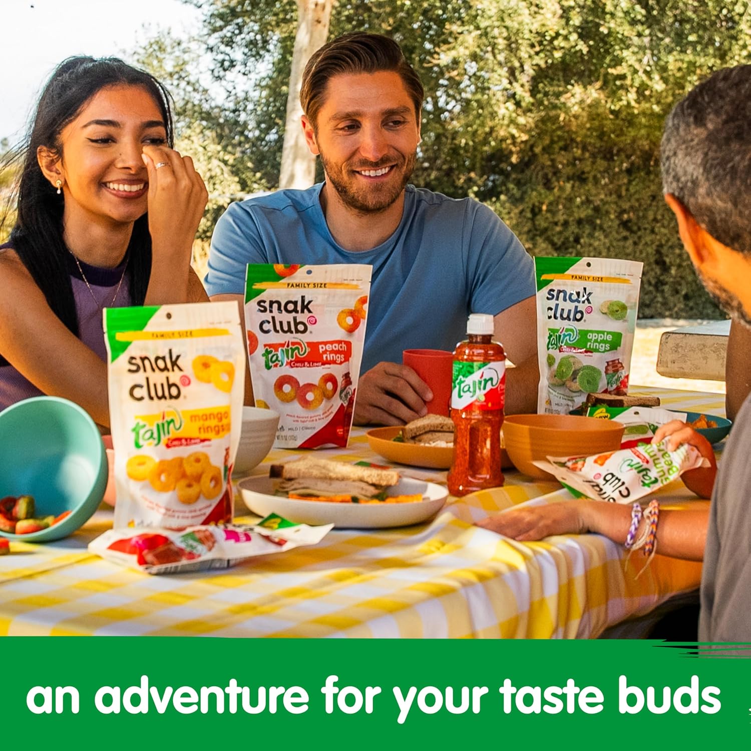 Snak Club Tajin Gummy Candy Fruit Rings, Gummies with Chili and Lime Seasoning, Mild Spice, Gluten-Free and Vegan Snacks, Assorted Bulk Candy Variety, Mango, Pineapple, Peach, Watermelon, 40 oz Bag