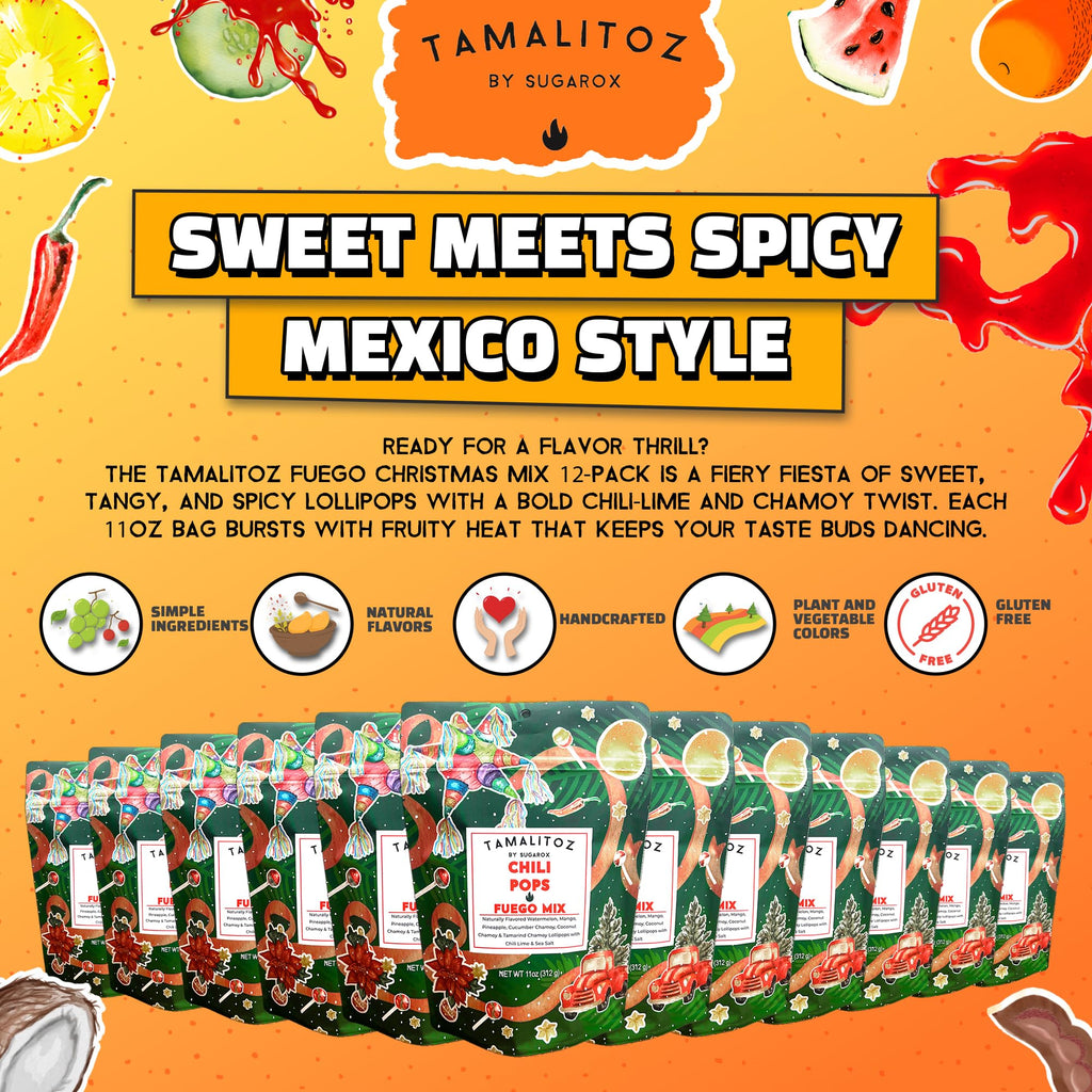 Tamalitoz Chili Pops Chamoy Spicy Mexican Lollipops with Chili, Lime, Sea Salt, Coconut, Tamarind & Cucumber Flavors Fruity Handcrafted Candy, Gluten-Free, Kosher, 2 Bags, (11oz)