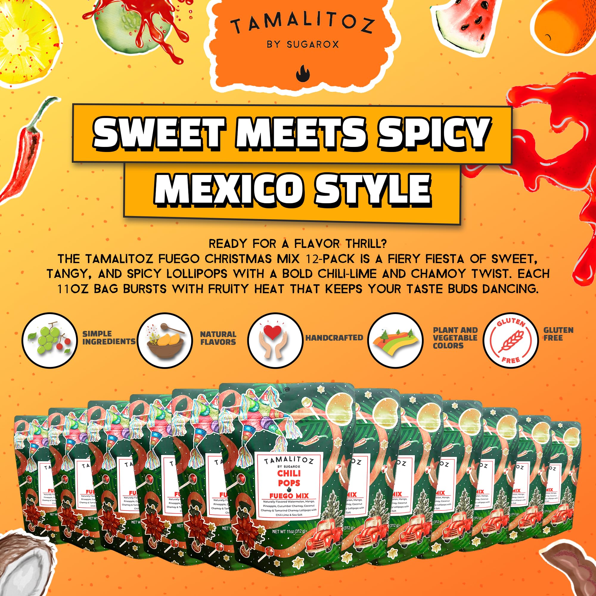 Tamalitoz Chili Pops Chamoy Spicy Mexican Lollipops with Chili, Lime, Sea Salt, Coconut, Tamarind & Cucumber Flavors Fruity Handcrafted Candy, Gluten-Free, Kosher, 2 Bags, (11oz)