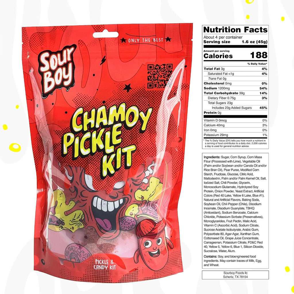 SourBoy Chamoy Pickle Kit Essentials – Jumbo Chamoy Pickle with Spicy & Sour Candy, Chamoy Sour Powder and Liquid – 6-Piece Mexican Candy Snack Box