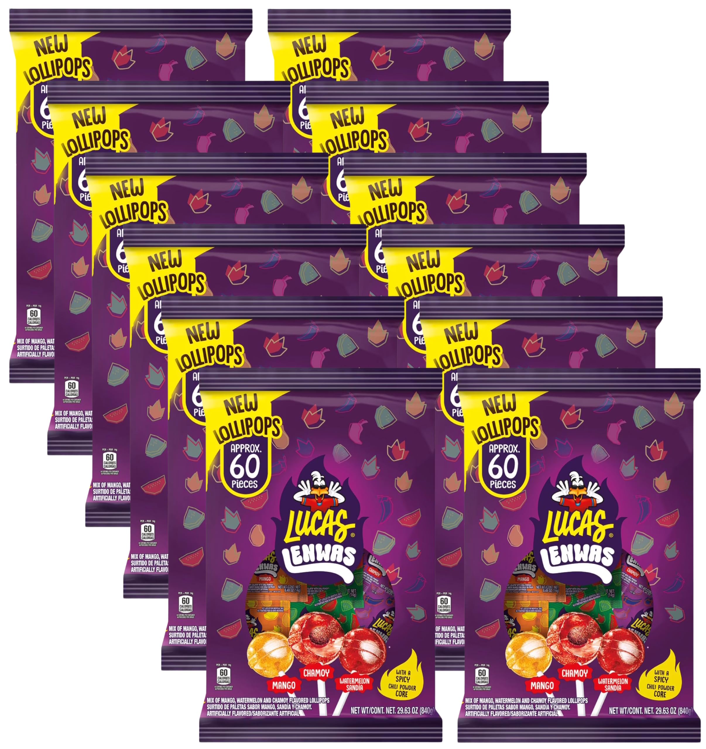 Lucas Lenwas Lollipops Variety Pack with Spicy Chili Powder Core, Mango, Chamoy & Watermelon Flavors, 60 Count, 29.63 oz (Pack of 1)