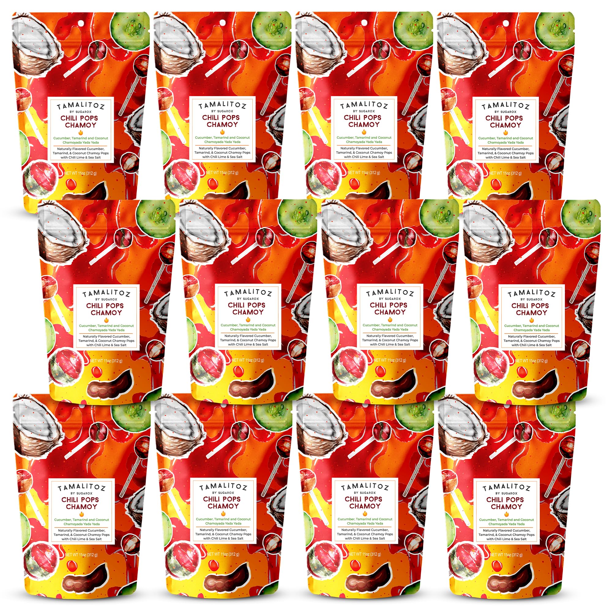 Tamalitoz Chili Pops Chamoy Spicy Mexican Lollipops with Chili, Lime, Sea Salt, Coconut, Tamarind & Cucumber Flavors Fruity Handcrafted Candy, Gluten-Free, Kosher, 2 Bags, (11oz)