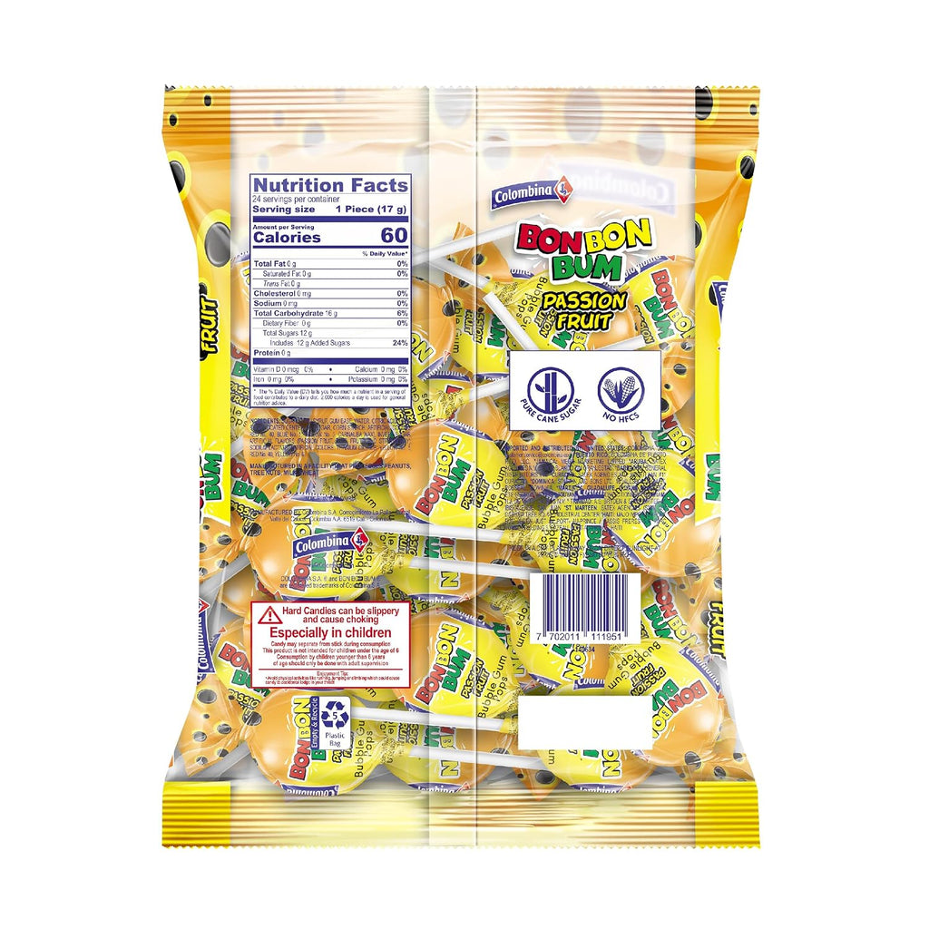 Colombina Bon Bon Bum Passion Fruit Lollipops, Tropical Fruit Hard Candy, Individually Wrapped Candy Pops for Parties, Candy Bowl Refill, Office or Classroom Rewards, 24 Count